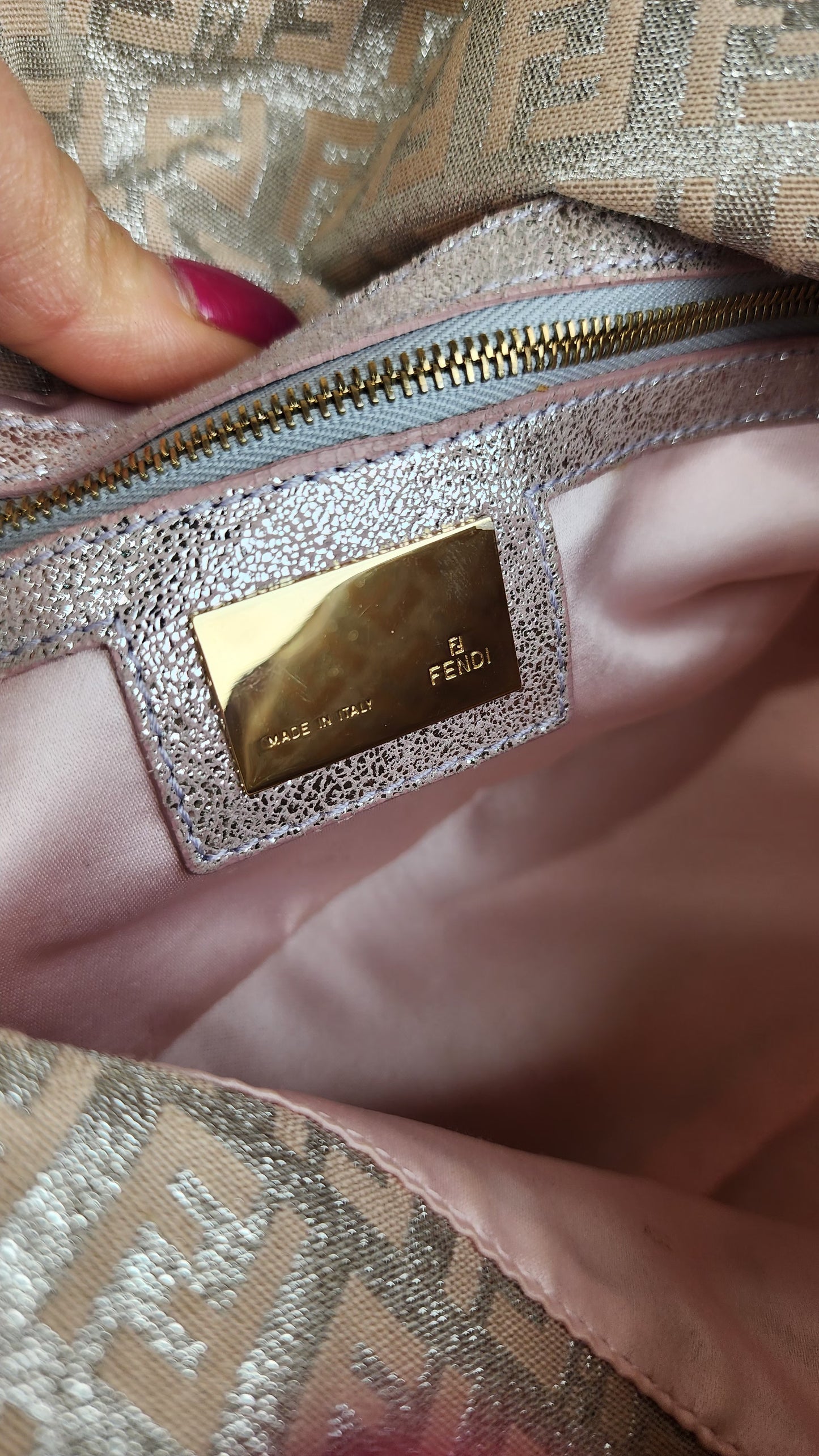 Fendi Zucchino Print Silver and Pink Baguette